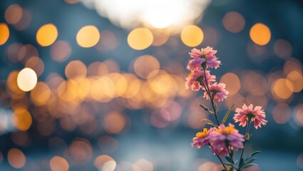 Poster - Pink flowers with blurred bokeh background of warm lights at sunset suitable for nature and floral themed designs Copy Space