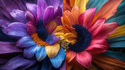Poster - colorful close-up of vibrant artificial flowers with overlapping petals in various shades, abstract 