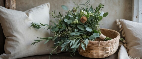 Poster - Bouquet of mixed greenery and flowers in a woven basket on a rustic wooden table with soft cushions in the background Copy Space
