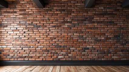 Poster - Brick wall texture background in modern interior with wooden floor and black ceiling beams Copy Space