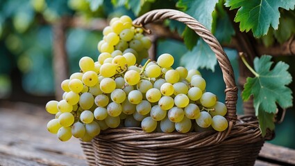 Poster - Fresh green grapes in a woven basket on a wooden surface with grapevine leaves in the background Copy Space