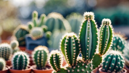 Poster - Cacti in various pot sizes with a blurred background showcasing a garden setting with natural light and textures. Copy Space