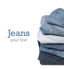 Sticker - Different folded jeans on white background. Design with space for your text