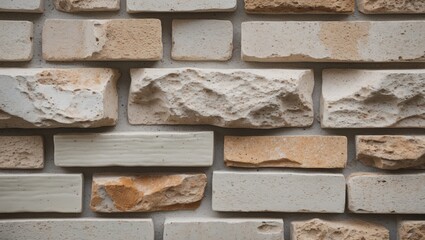 Poster - Textured wall made of various shaped bricks in neutral tones with natural stone elements and subtle variations in color and texture Copy Space