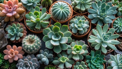 Poster - Variety of succulent plants in clay pots arranged on a surface with pebbles and textured background Copy Space