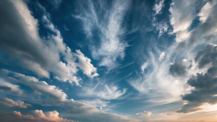 Wall Mural - Dramatic sky with diverse cloud formations and vibrant blue background at sunset suitable for backgrounds and text overlay Copy Space