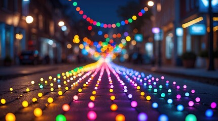 Poster - colorful bokeh street at night with illuminated orbs and blurred festive lights in the background cr