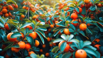 Poster - vibrant orange berries among lush green leaves in a natural setting showcasing ripe fruit and foliag