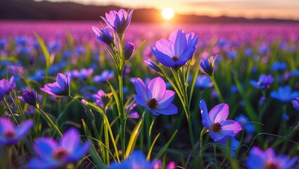 Poster - close-up of purple wildflowers in a lush field during sunset with soft light illuminating the scene 