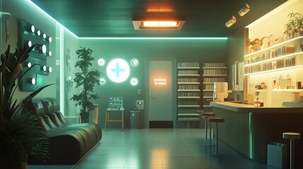 Poster - A healthcare clinic with AI-powered technology offering telehealth consultations, where patients can receive medical advice and prescriptions without leaving home