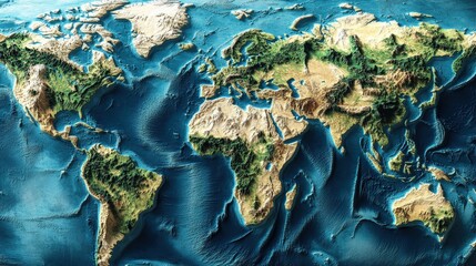 Poster - A high-definition world map with a focus on geographical data, including elevation markers and satellite imagery that shows the topography of the Earths