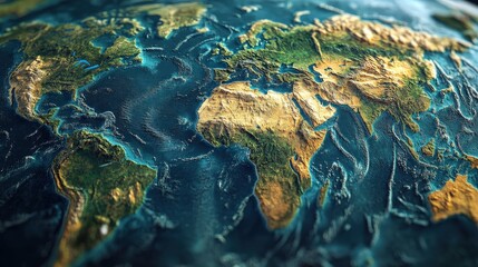 Poster - A high-definition world map with a focus on geographical data, including elevation markers and satellite imagery that shows the topography of the Earths