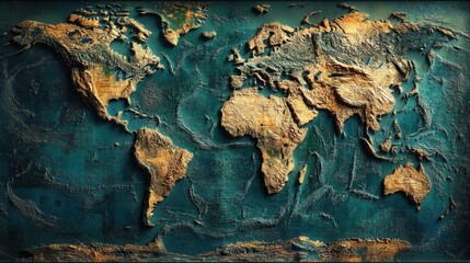 Poster - A high-definition world map with a focus on geographical data, including elevation markers and satellite imagery that shows the topography of the Earths