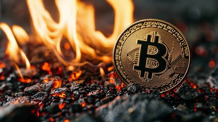 Poster - Bitcoin burning on a bed of glowing coals surrounded by flames in high-resolution visual display