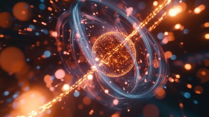 Poster - A high-energy visualization of an electron orbiting around an atom, interacting with the nucleus.