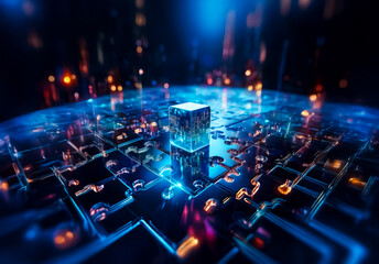 Poster - Abstract digital scene featuring a central glowing cube, surrounded by vibrant blue and orange lines and particles, creating a futuristic technological feel.