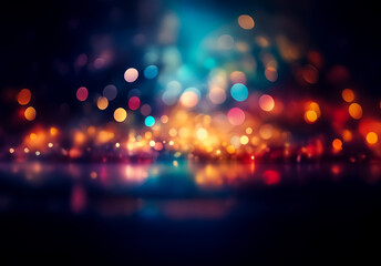 Aufkleber - Abstract bokeh lights create a vibrant and blurred cityscape at night.  Warm orange and yellow lights contrast with cool blue and teal tones in a soft, dreamy effect.