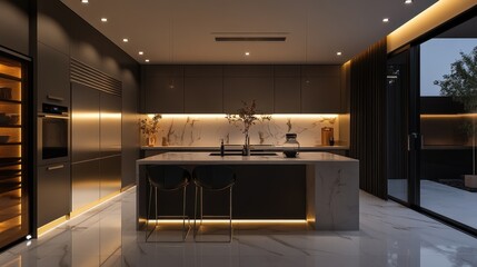 Poster - A high-tech kitchen with smart appliances that can be controlled by voice or smartphone