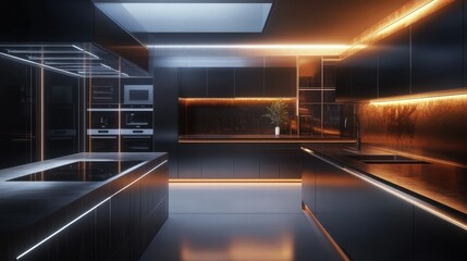 Poster - A high-tech kitchen with smart appliances that can be controlled by voice or smartphone