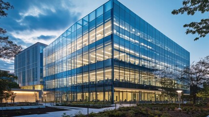 Poster - A high-tech office building with a glass exterior and modern interiors designed for maximum efficiency and creativity.