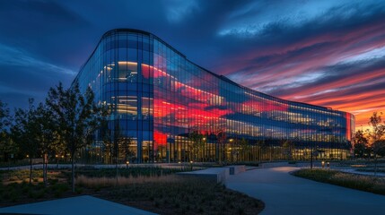 Poster - A high-tech office building with a glass exterior and modern interiors designed for maximum efficiency and creativity.