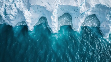 Poster - Unique ice formations are visible near the water's edge, where the bright turquoise ocean meets the snowy shoreline on a crisp winter day.