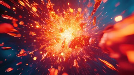 Poster - a high-tech particle accelerator visualizing protons colliding in a burst of energy.