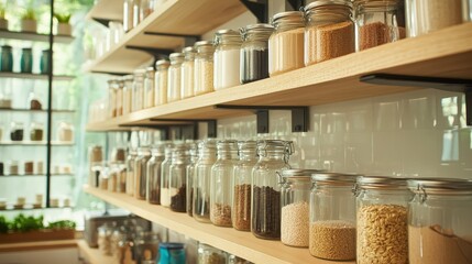 Poster - A kitchen designed with open shelving, featuring neatly organized glass jars, spice racks, and cooking essentials.