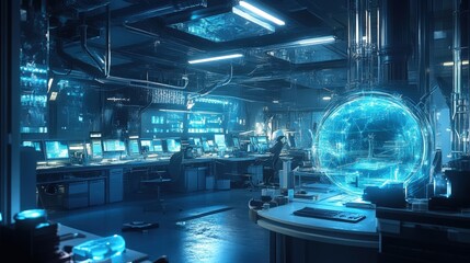 Poster - A laboratory filled with advanced scientific equipment where researchers conduct experiments to explore the mysteries of the universe, from particle physics to cosmology.