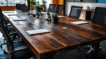Poster - A large conference table made from dark wood, with ergonomic office chairs surrounding it.