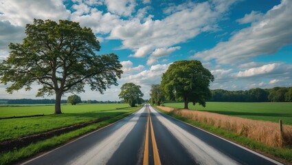 Wall Mural - Two-lane rural road lined with trees and lush green fields under a partly cloudy sky Copy Space