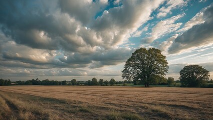 Wall Mural - Rural landscape featuring a solitary tree on a vast field under a cloudy sky with dramatic cloud formations and open space for text. Copy Space