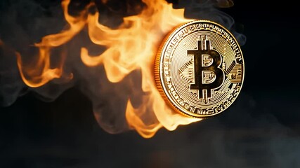 Poster - Bitcoin ignites in flames showcasing the tension between digital currency and traditional finance