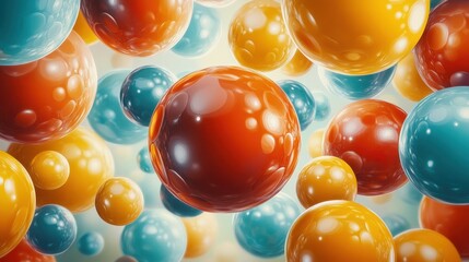 Poster - Colorful Abstract Spheres Floating in a Soft Background with Bubbles and Radiant Light Effects
