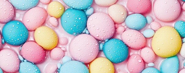 Aufkleber - Colorful Smooth Pebbles with Water Droplets on a Soft Pink Background for Decorative and Background Use