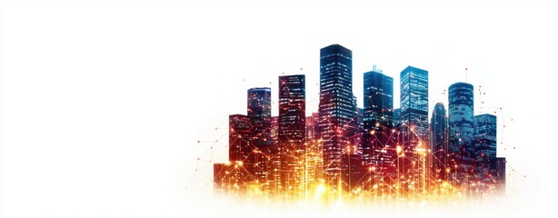 Aufkleber - Vibrant City Skyline Illustration with Dynamic Digital Connections and Abstract Sparkles at Dusk