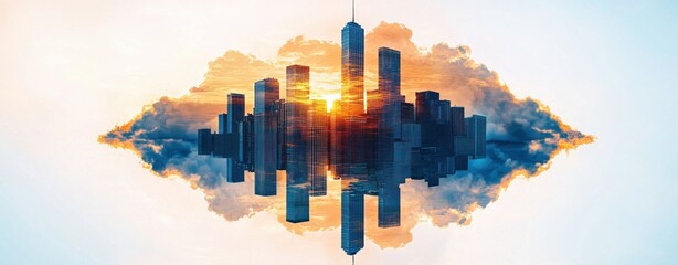 Poster - Stunning Sunrise Reflection Over City Skyline with Vibrant Colors and Dramatic Clouds in the Background