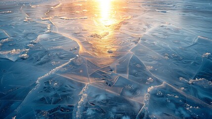 Poster - Golden rays of sunlight pierce through the crisp morning air, illuminating the fragmented ice on a frozen lake, creating intricate patterns in an idyllic winter setting.