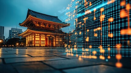 Poster - Serene Traditional Asian Architecture Blending with Modern Digital Technology in a Futuristic Cityscape