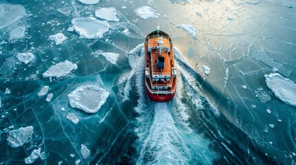Poster - A small red boat moves swiftly through frozen waters, creating a wake as it maneuvers around large ice chunks under a bright sky during the day.