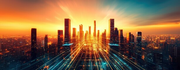 Fototapete - Stunning Cityscape at Sunset with Rays of Light Illuminating Skyscrapers and Urban Landscape