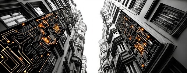 Leinwandbilder - Modern Alley with Abstract Circuit Patterns on Buildings in Black and White Photography