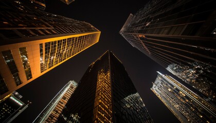 Wall Mural - Tall buildings glow at night in the city center; ideal for finance or tourism