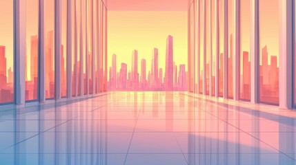 Aufkleber - modern cityscape view with colorful sunset reflections in glass windows of a high-rise building inte