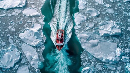 Poster - A red boat moves through a narrow channel of open water, leaving a wake as it navigates among large chunks of ice in a cold, winter environment filled with frozen beauty.