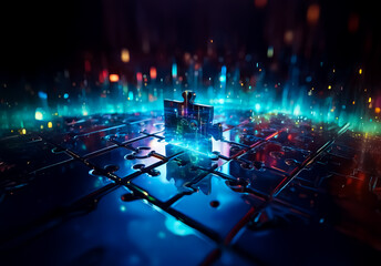 Aufkleber - A central glowing cube emits vibrant blue light, illuminating a dark grid surface. Bokeh lights add depth to this futuristic and digital scene.