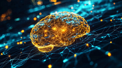Poster - A stylized 3D rendering of a human brain as a neural network. Glowing nodes and connections represent data flow and processing, symbolizing artificial intelligence and complex systems