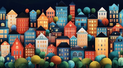 Poster - Vibrant and Colorful Illustration of Cozy Houses and Trees Under Dim Night Sky