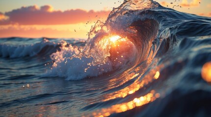 Aufkleber - Sunset over Ocean Waves with Sunlight Reflection Creating Sparkling Water Surface and Dramatic Cloudy Sky Copy Space