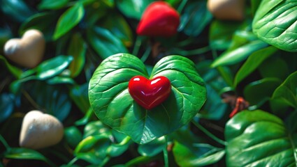 Poster - Red heart shaped object on green leaves with other heart shaped decorations in background, colorful plant concept, Copy Space